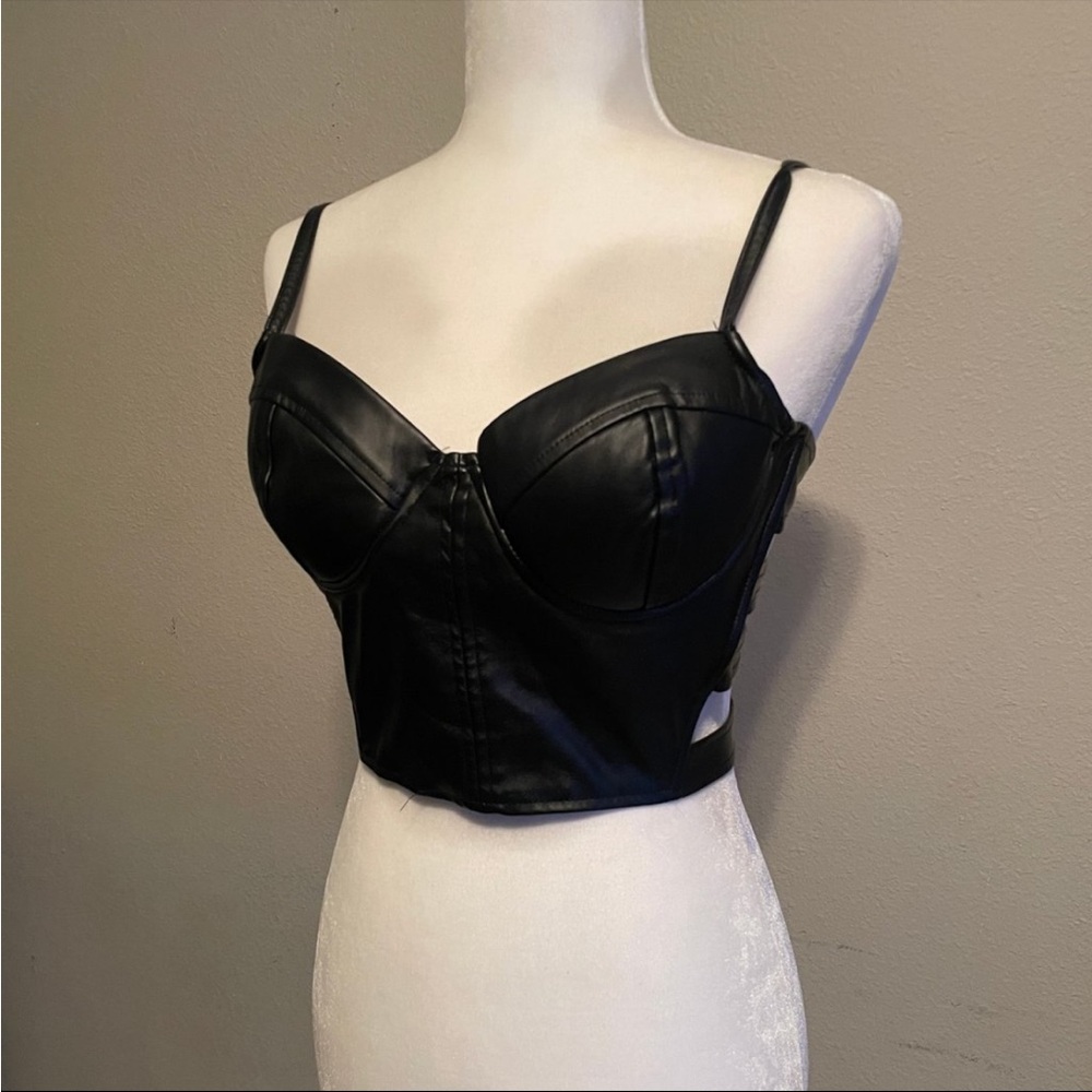 Haute Monde Black Faux Leather Bustier Crop Top